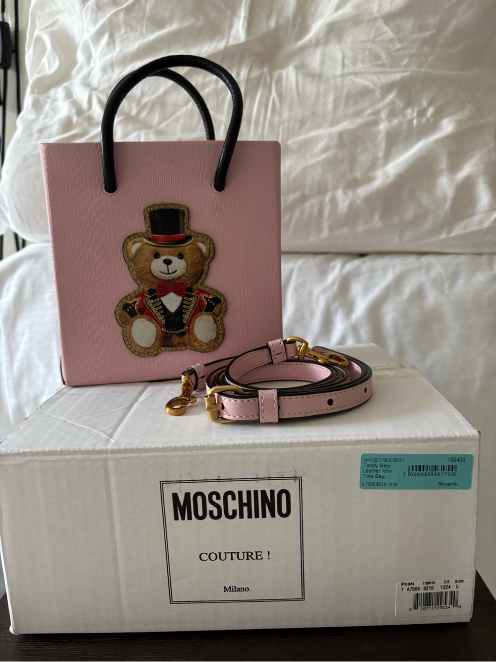 Moschino Pink Teddy-Embellished Top-Handle Bag with Black Handles